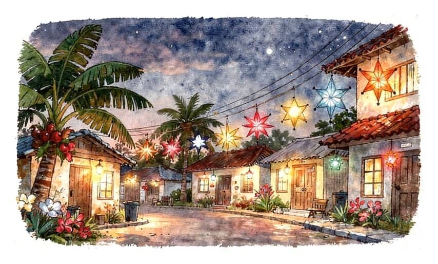 Glowing star-shaped lanterns hang from the houses of a warm Philippine street at dusk, among palm trees.