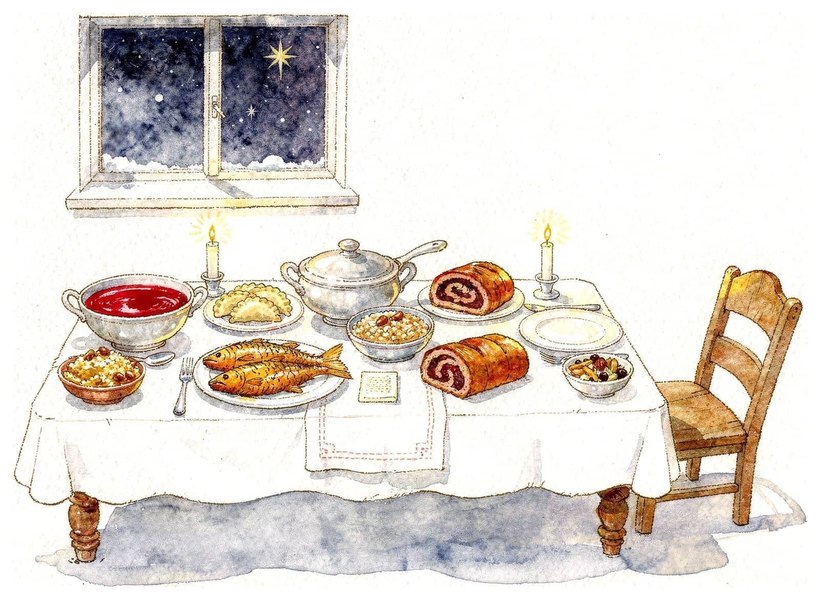 A Polish Christmas Eve table set for a meatless supper: clear red beet soup, pierogi, golden fried fish, poppy-seed rolls, bowls of sweet wheat and dried fruit, a thin Christmas wafer, an empty plate and chair waiting, and the first star in the window.