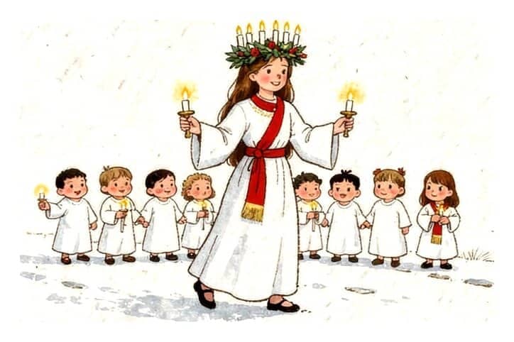 A girl in a white gown and a crown of candles leads a line of children carrying candles through the snow on Saint Lucia's Day in Sweden.