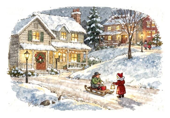 A snowy small-town street in the United States: a house with a wreath on the door and children sledding.